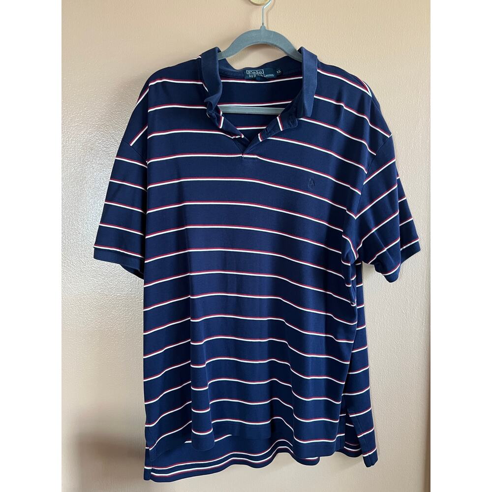 Polo Ralph Lauren Vintage Stripe Polo Shirt Mens XL Navy Red White 90s Cotton